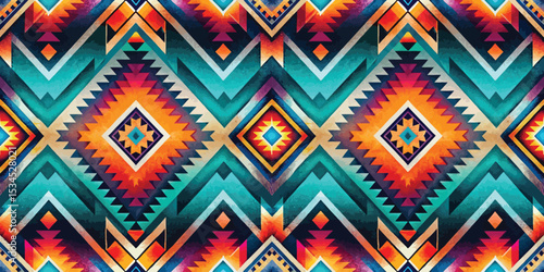 Vibrant geometric pattern featuring colorful diamond shapes and zigzag lines.
