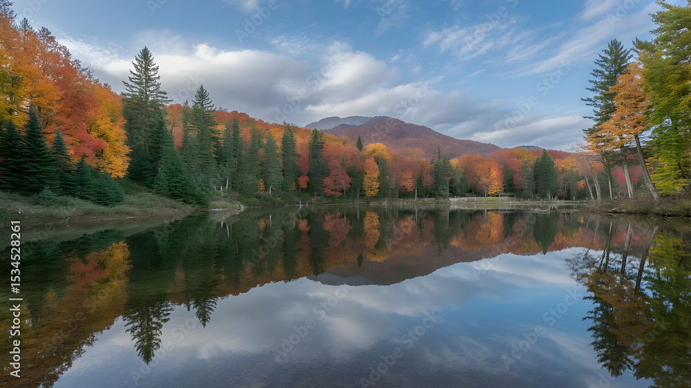 Obraz premium Autumn foliage reflected in a still lake with mountains and cloudy sky in the background scenery