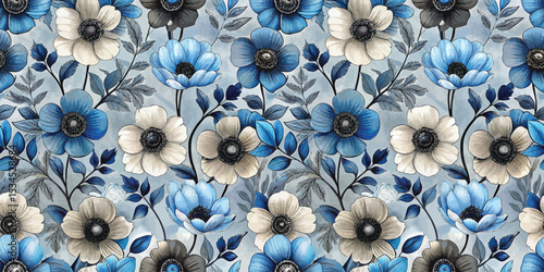 A vibrant floral pattern featuring blue and cream flowers on a soothing background.