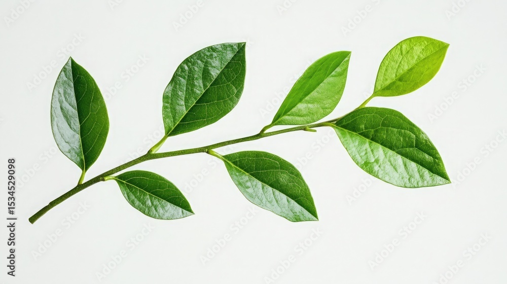 A close up studio shot of a green leafy branch on a white background showing leaf vein details clearly A close up studio shot of a green leafy branch on a white background showing leaf vein details clearly