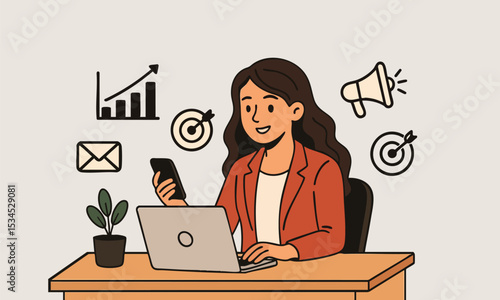 Flat Vector Illustration of a Woman Doing Digital Marketing at Desk with Icons on Background