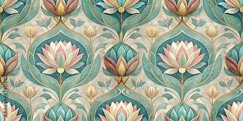 Intricate floral wallpaper design featuring elegant lotus flowers in pastel hues.