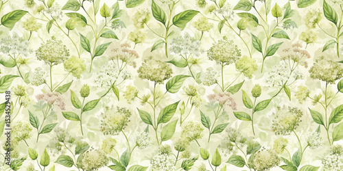 Delicate green floral pattern featuring various leaves and blossoms.