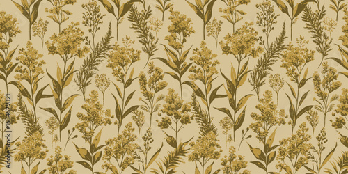 Elegant floral pattern featuring golden hues on a subtle beige background.