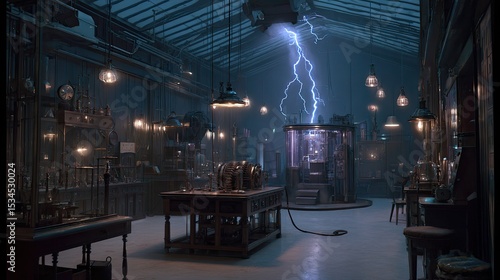 Retro science lab with Frankenstein’s machine and lightning, cinematic widescreen