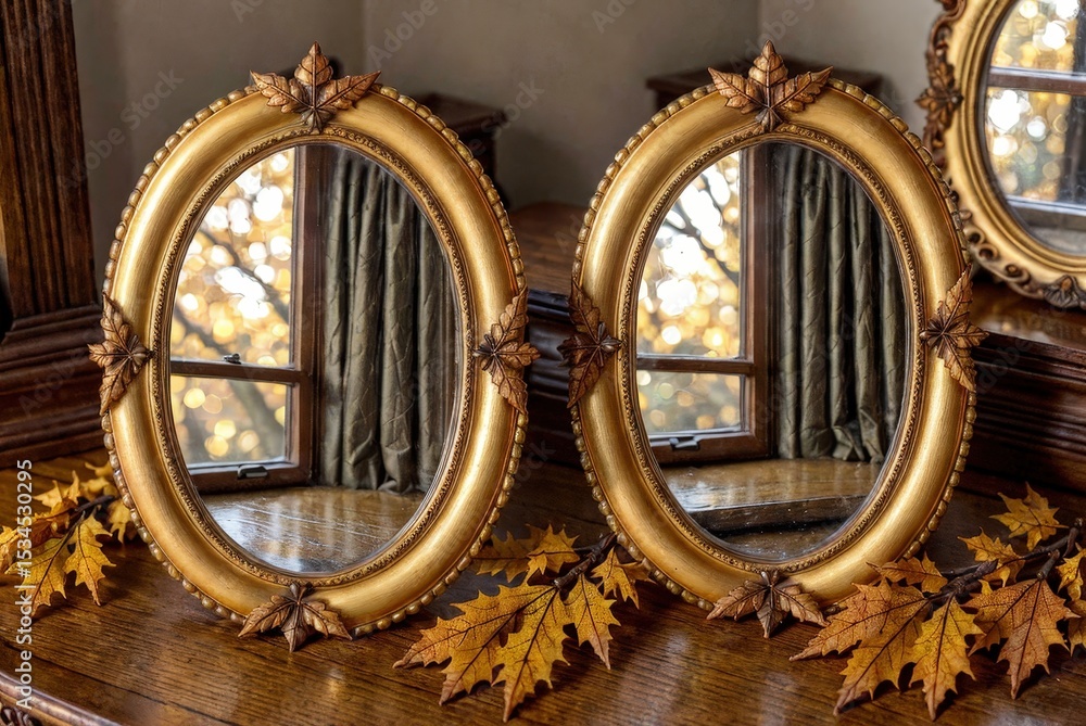 Obraz premium Vintage gold oval photo frame, ornate and polished, resting on dried maple and oak leaves atop a rustic weathered wooden table. Frame contrasts with textured autumn leaves and wood.