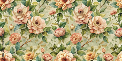Delicate floral pattern with soft pastel roses and lush green leaves.