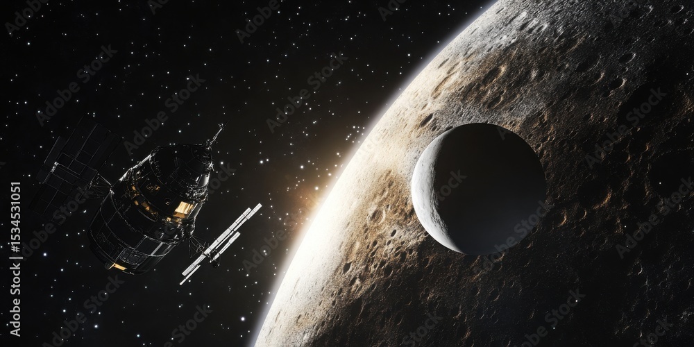 Obraz premium Space scene with planet, moon, and spaceships