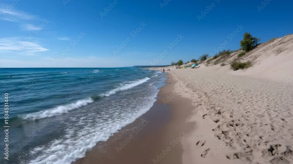 A serene beach scene with golden sand and gentle waves. The clear blue sky reflects over the calm ocean, creating a peaceful atmosphere. A serene beach scene with golden sand and gentle waves. The clear blue sky reflects over the calm ocean, creating a peaceful atmosphere.