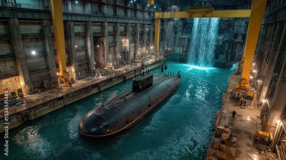 Obraz premium Nuclear Submarine in Shipyard Dock