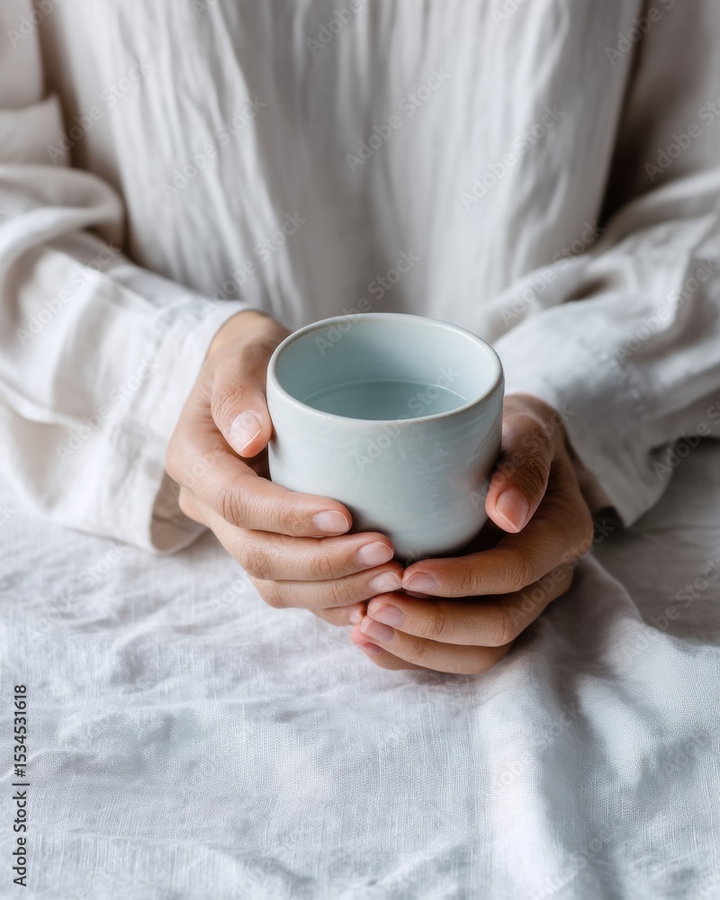 Hands in pale blue sleeves holding ceramic cup filled with water over white linen, soft shadows and tactile textures, peaceful still moment Hands in pale blue sleeves holding ceramic cup filled with water over white linen, soft shadows and tactile textures, peaceful still moment