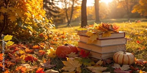 Autumn Study Pumpkins, Books and Golden Leaves in Sunlight, Fall, Harvest