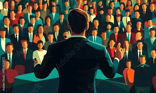 Man giving a speech to large crowd, seen from behind, stylized digital illustration, turquoise and red color palette