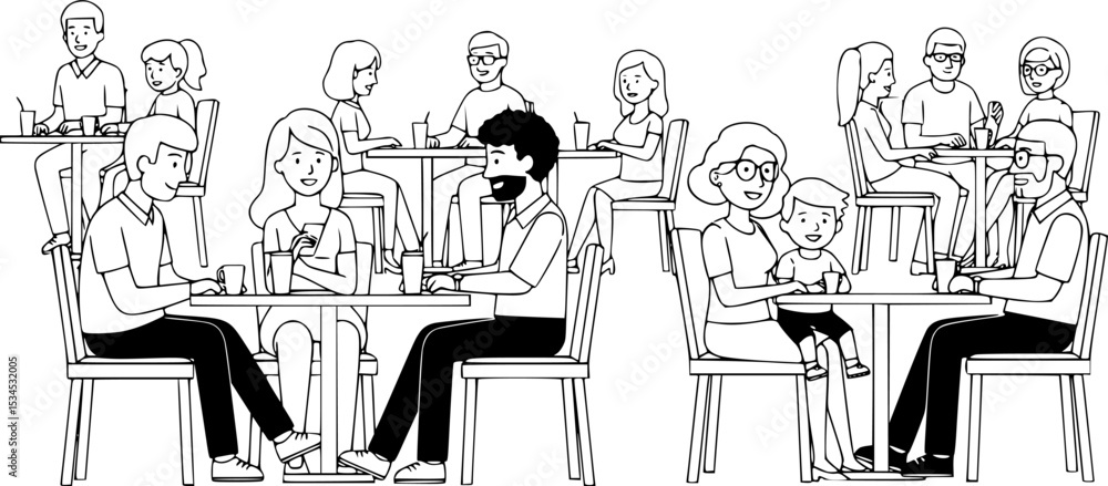 Obraz premium Crowd of relaxed cartoon people sitting at outdoor cafe vector flat illustration. Diverse colorful visitors at summer modern restaurant. Man, woman and children at street cafeteria isolated on white.