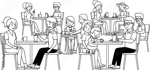 Crowd of relaxed cartoon people sitting at outdoor cafe vector flat illustration. Diverse colorful visitors at summer modern restaurant. Man, woman and children at street cafeteria isolated on white.