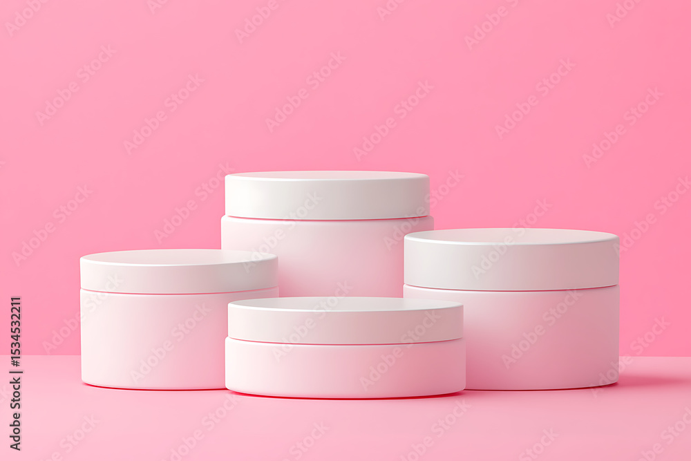 A clean and minimalist 3d render showcases various pastel pink cosmetic jars with white lids, arranged neatly on a matching pink background, perfect for product branding and display A clean and minimalist 3d render showcases various pastel pink cosmetic jars with white lids, arranged neatly on a matching pink background, perfect for product branding and display