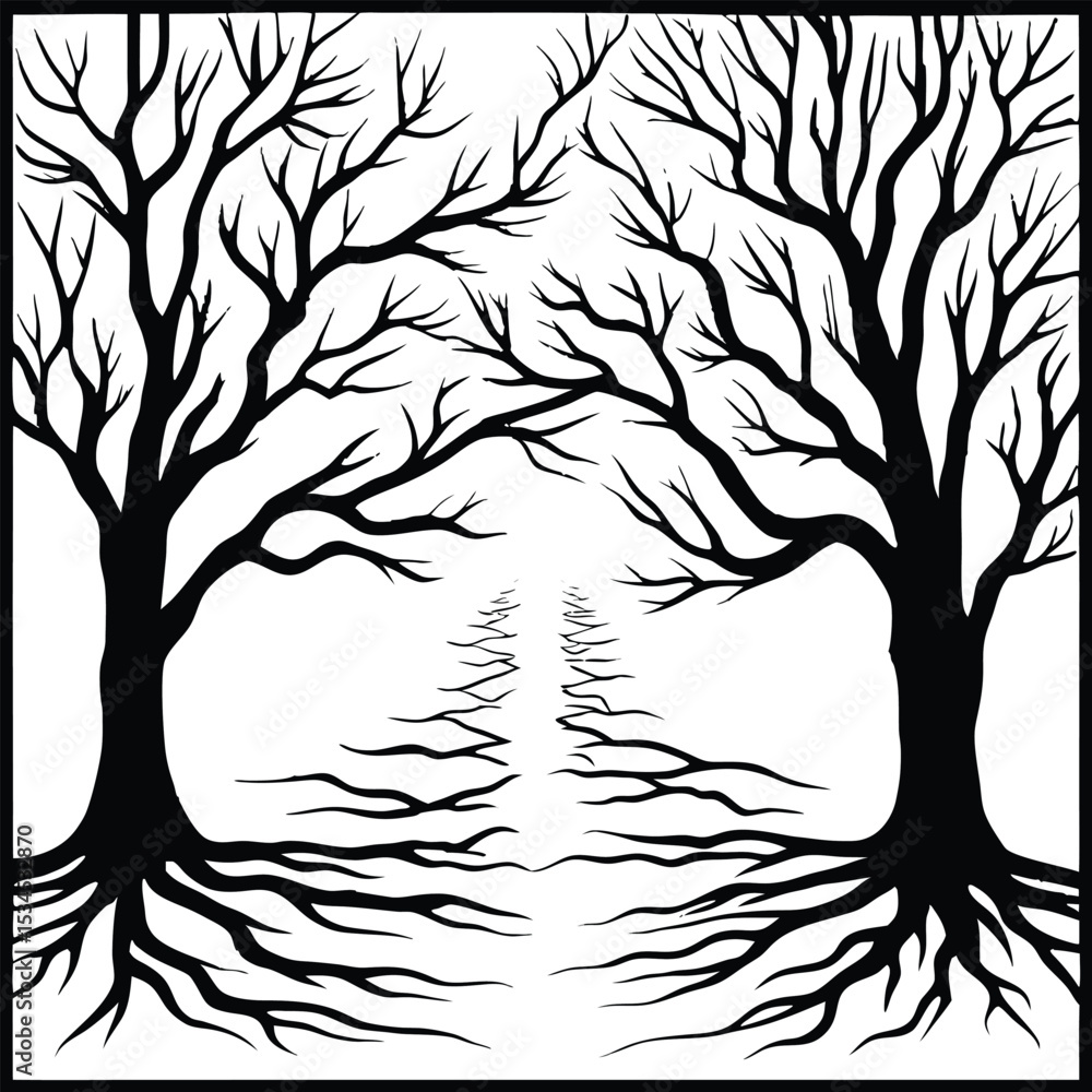 Obraz premium Black Silhouette Tree with Roots and Leaves – Symbolic Nature and Growth Vector Art