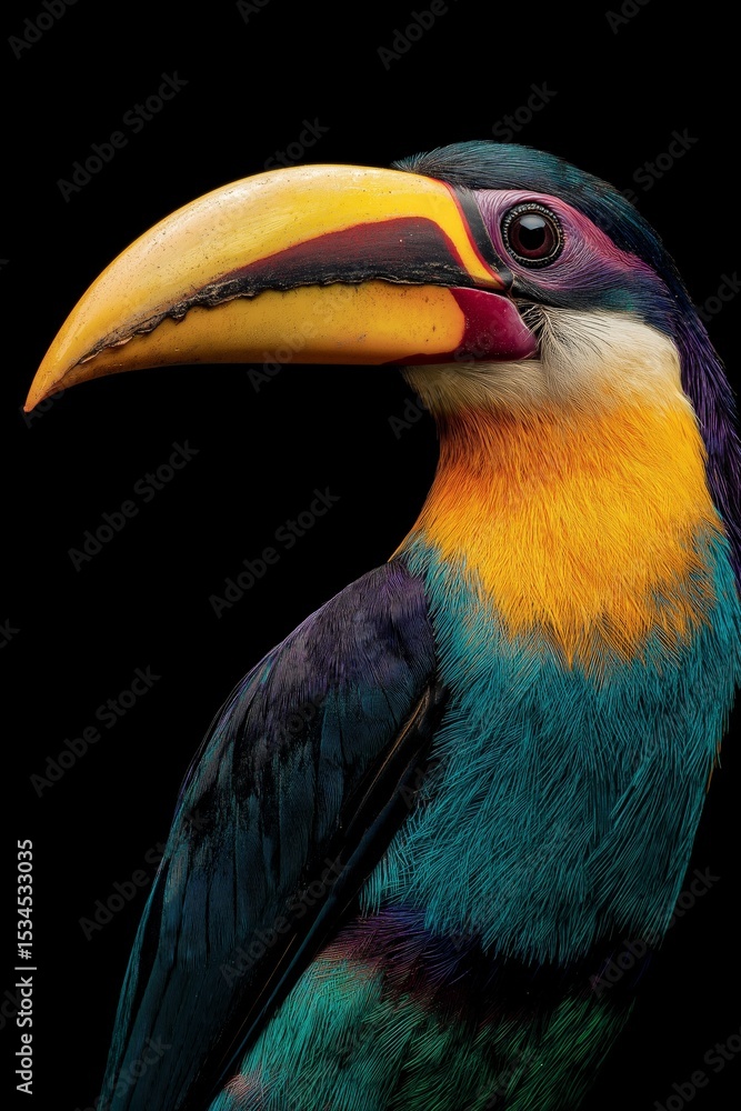 Naklejka premium Vibrant tropical bird with striking colors displays unique plumage and vivid beak against a dark background in stunning detail