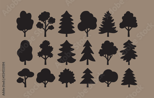 Collection of eighteen black silhouettes of various trees and conifers for design projects
