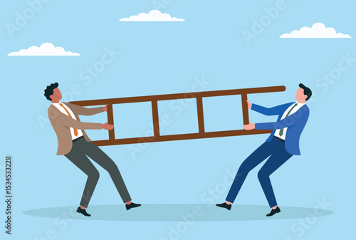 Vector illustration of two businessmen fighting for a ladder, symbolizing ambition, rivalry, career advancement, and the competitive struggle to climb the corporate
