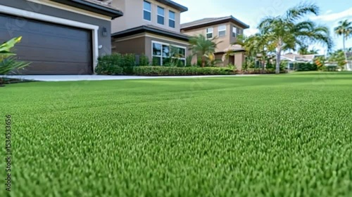 Artificial grass lawn in front of houses
