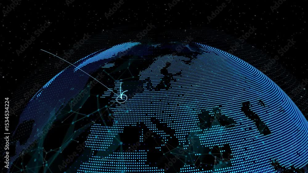 Global network and internet connection in orbital earth globe animation . Concept of wireless digital connection in futuristic 3D rendering motion graphic .
