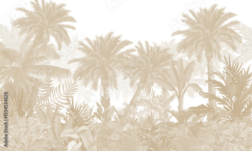 Fototapeta Naklejka Na Ścianę i Meble -  Subtle Nature Wall Mural: Faded Sepia Tropical Plants & Abstract Background