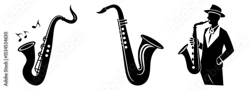 Silhouette set of saxophone musical instrument jazz band vector graphic design element art