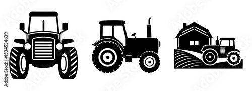 Silhouette set of farm tractors and agriculture machinery vector design collection icon
