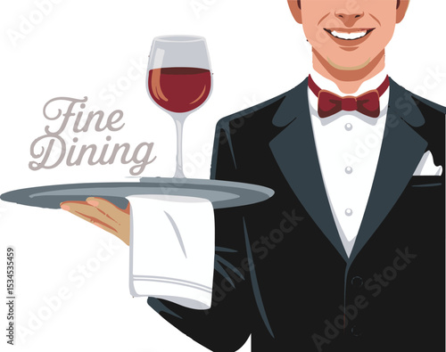 Elegant illustration of a smiling waiter serving red wine in a restaurant setting for fine dining
