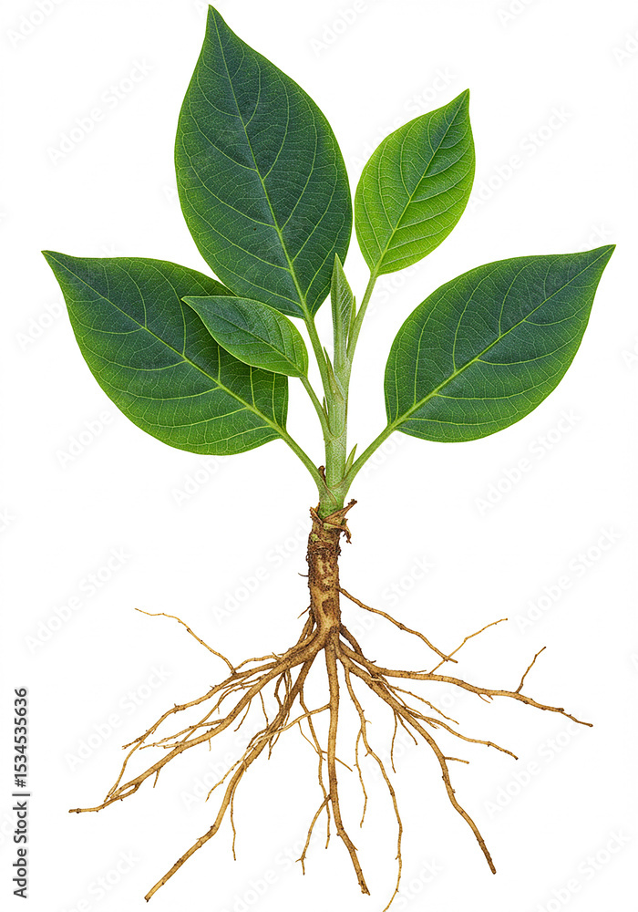 Fototapeta premium Plant with green leaves and roots isolated