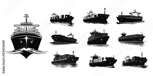 Container ship silhouette vector cargo vessel illustration set