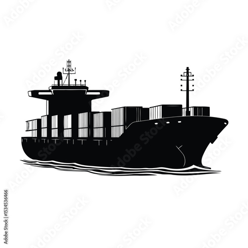 Detailed Silhouette Illustration of a Cargo Ship at Sea