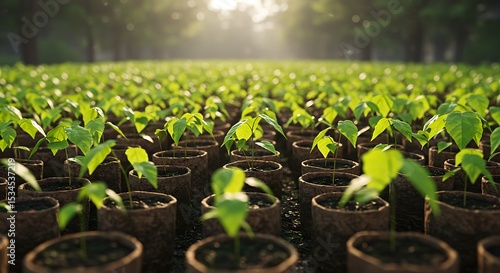 Rows upon rows of neatly organized green plants, possibly Ocimum basilicum or nursery tree seedlings, stretch into the distance, embodying a creative concept of environmental responsibility and the pr