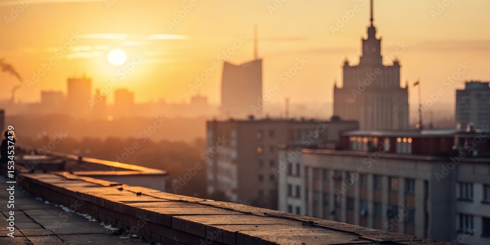Naklejka premium Golden Cityscape Rooftop View at Sunrise, urban, cityscape