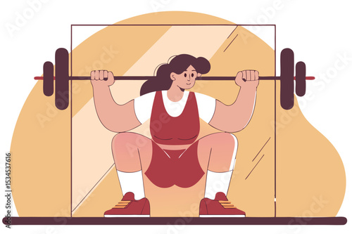 Woman performing barbell squat exercise in gym - fitness vector illustration of weightlifting, strength training and workout scene