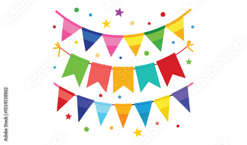 Colorful party bunting flags and confetti decoration