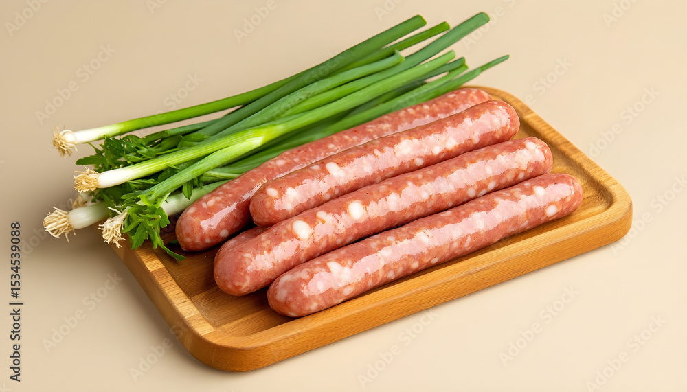 Board with tasty thin sausages and green onion on beige background Board with tasty thin sausages and green onion on beige background