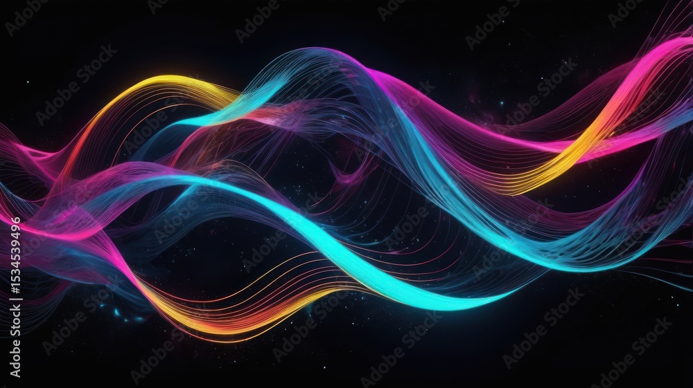 Glowing flowing waves of yellow blue and pink lines against a dark starspeckled backdrop Glowing flowing waves of yellow blue and pink lines against a dark starspeckled backdrop