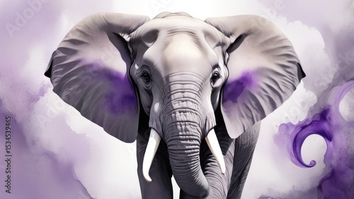 Elephants portrait Gray skin long white tusks large ears outlined with purple in the background