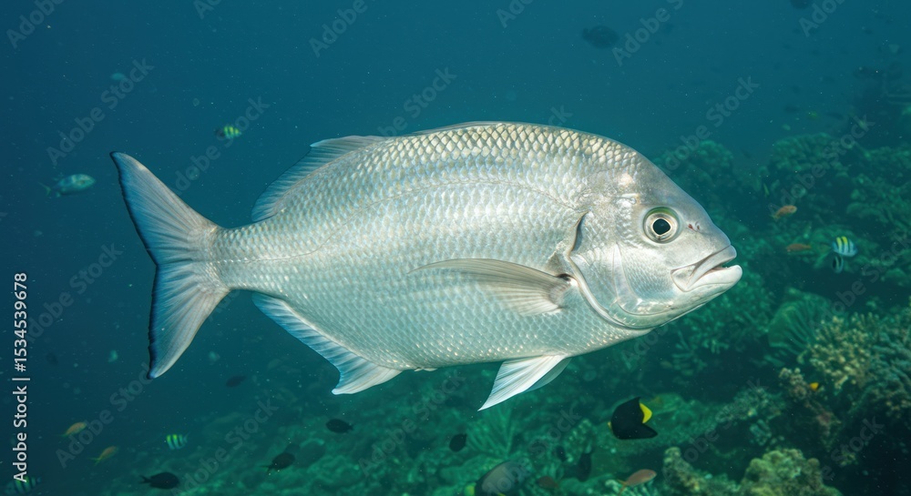 A large silver fish swims in open ocean with coral reef visible in the background A large silver fish swims in open ocean with coral reef visible in the background