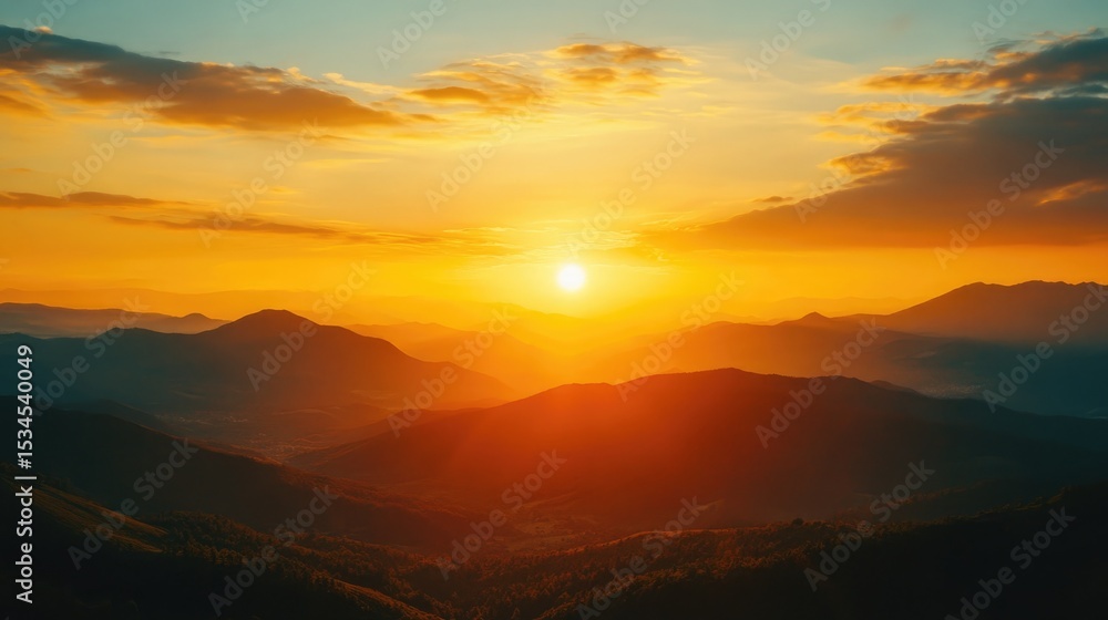 A breathtaking sunset over layered mountains with a vibrant orange and yellow sky and scattered clouds A breathtaking sunset over layered mountains with a vibrant orange and yellow sky and scattered clouds