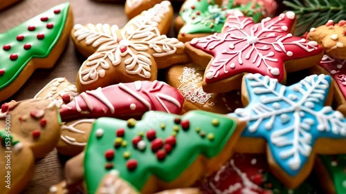 Festive pile of holiday cookies iced with colorful designs of stars, trees, and gingerbread men for seasonal cheer.