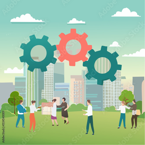 Work delegation, assign responsibility, collaboration task, teamwork efficiency or team productivity, process for manager to delegate work to employee, business teamwork delegate gear collaboration