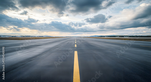 Empty airport runway with cloudy sky, no planes seen
