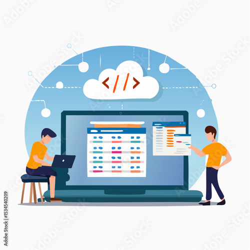 Software development, coding team, programming frontend backend framework, debugging algorithm, testing or deployment concept, young people software engineer working with online cloud computer lapto