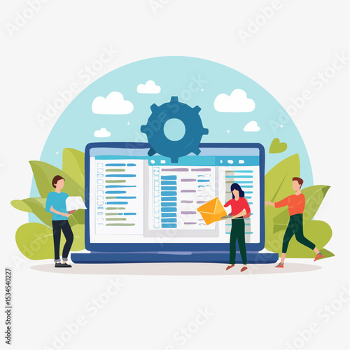Software development, coding team, programming frontend backend framework, debugging algorithm, testing or deployment concept, young people software engineer working with online cloud computer lapto