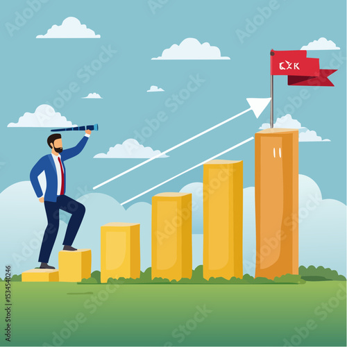 Vision to see next goal, motivation to success, forecast and business prediction, challenge to be better and achieve success concept, confidence businessman step on rise up graph look for next goa