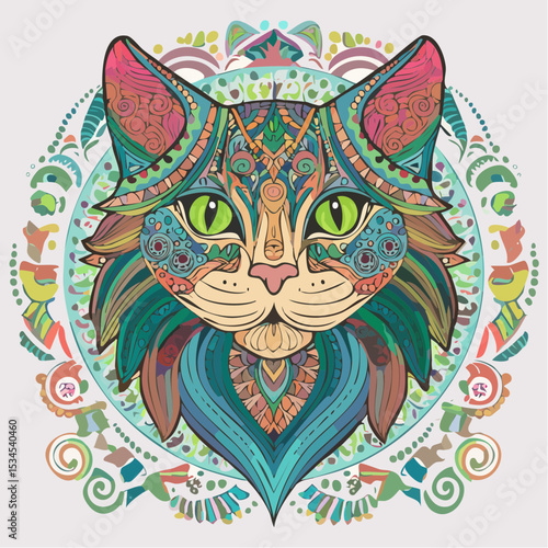 A cute amazing cat illustration with glowing yellow eyes, sitting calmly in a starry, magical night setting
