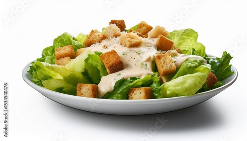 a delicious and healthy salad with fresh lettuce crispy croutons and a creamy caesar dressing isolated on transparent and white background